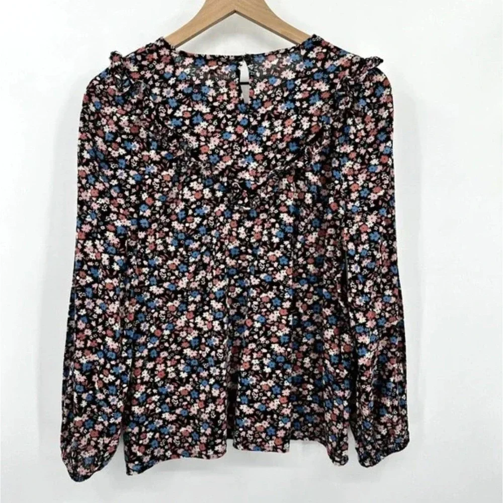 Madewell Ruffle-Yoke Puff Sleeve Prairie Top Spring Prairie Black Floral Size XL